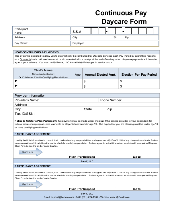 continuous pay daycare form