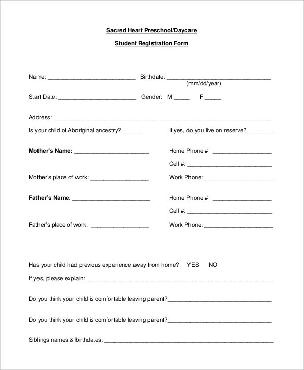 Free Daycare Registration Form Template PRINTABLE TEMPLATES