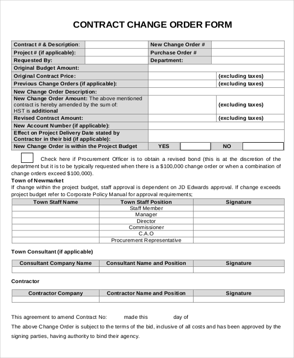 Sample Change Order Forms For Contractors Classles Democracy