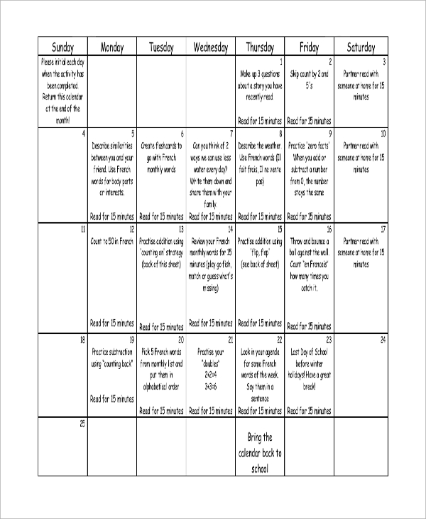 FREE 8+ Sample Homework Calendar Templates in MS Word | PDF