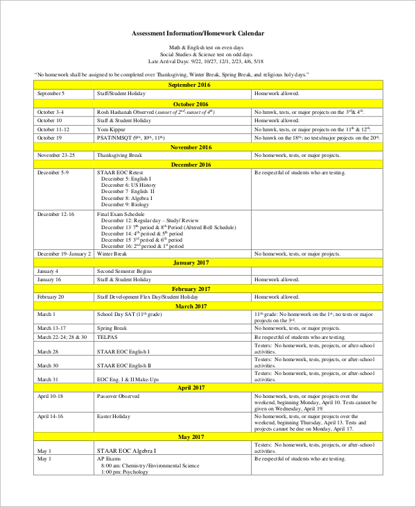 assessment information homework calendar