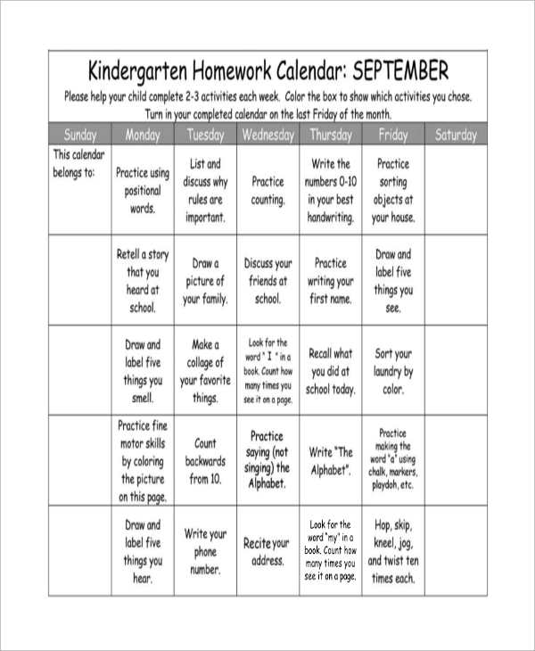 homework calendar for kindergarten
