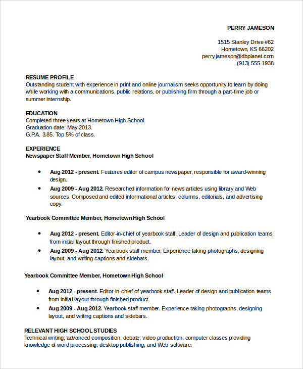resume for graduate school academic