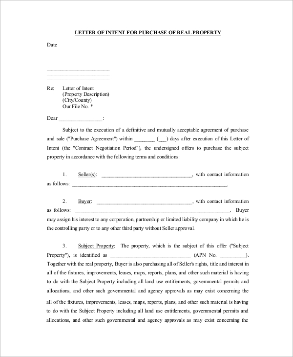 letter of intent for purchase of real estate