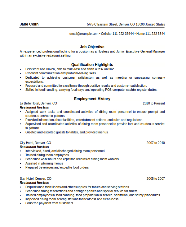 Restaurant Hostess Resume Sample 1562