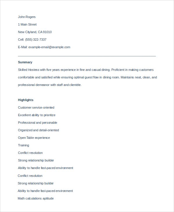 FREE 6+ Sample Hostess Resume Templates in MS Word