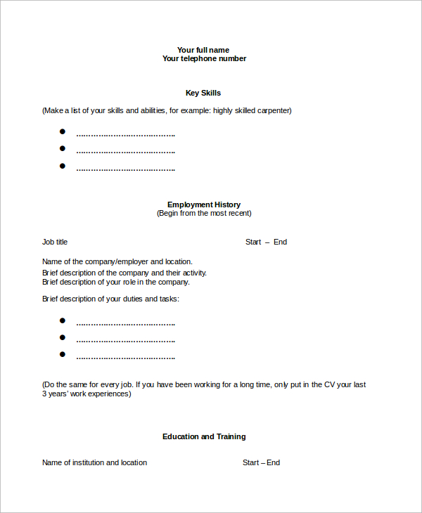 Free 9 Sample Blank Resume Templates In Ms Word Pdf