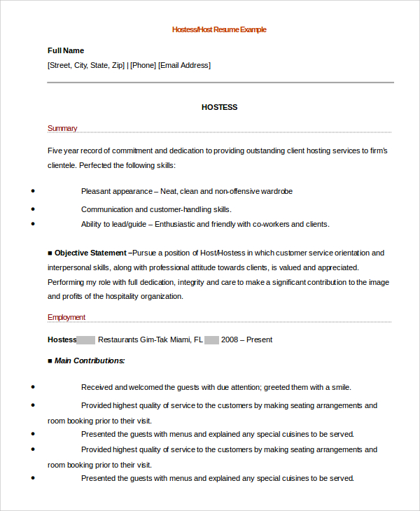 Sample Hostess Resumes 6 Examples In Word
