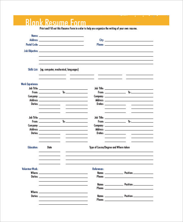 Free 9 Sample Blank Resume Templates In Ms Word Pdf