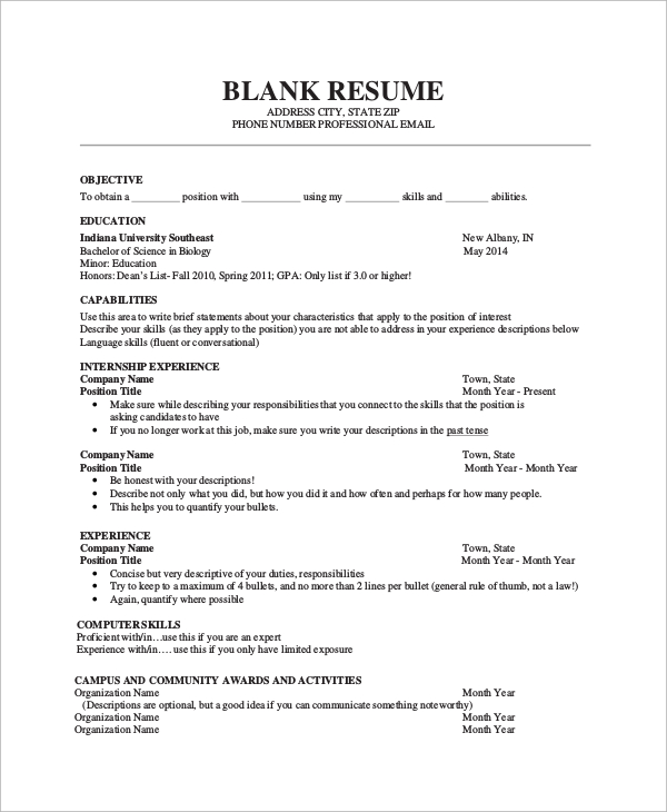 Free 9 Sample Blank Resume Templates In Ms Word Pdf