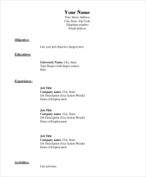 Free 9 Sample Blank Resume Templates In Ms Word Pdf