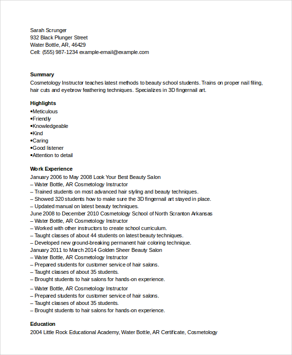 sample cosmetology resume 6 examples in pdf word