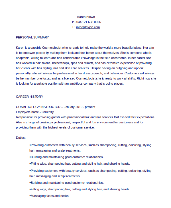 Sample Cosmetology Resume 6 Examples In PDF Word