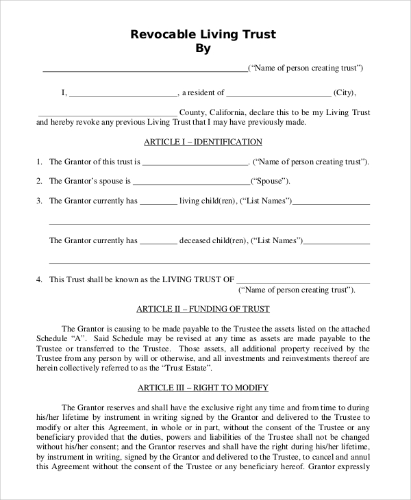 Joint Living Trust Sample PDF Template   Revocable Living Trust Form 