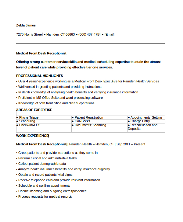 FREE 6 Sample Medical Receptionist Resume Templates In MS