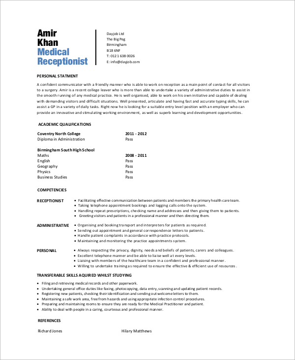 Free 6 Sample Medical Receptionist Resume Templates In Ms Word Pdf 5092