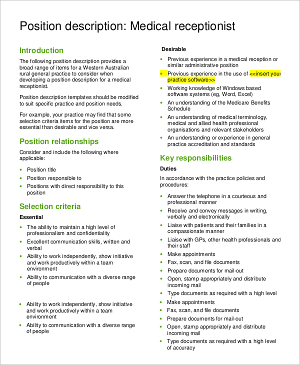 FREE 6+ Sample Medical Receptionist Resume Templates in MS Word PDF