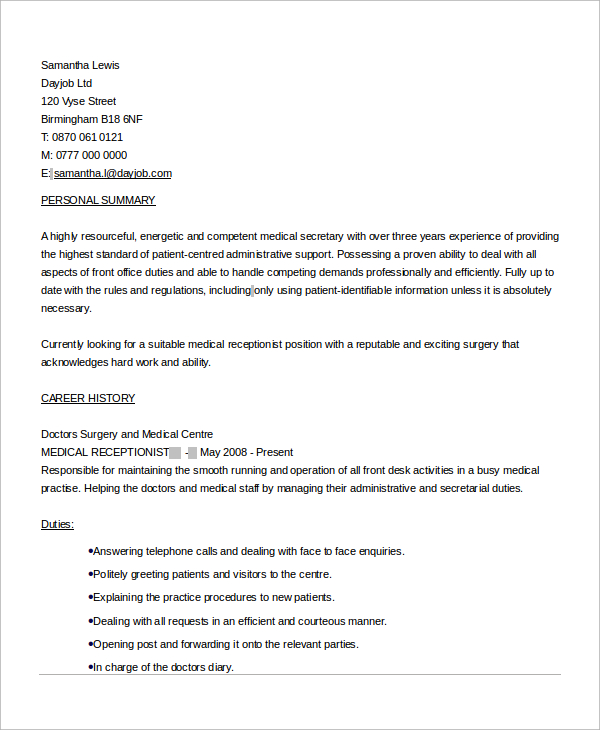 FREE 6 Sample Medical Receptionist Resume Templates In MS Word PDF