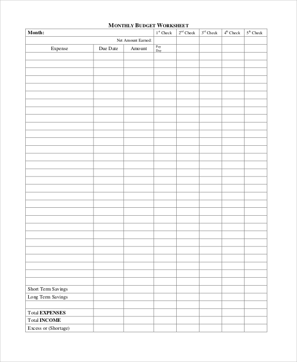 monthly household budget worksheet