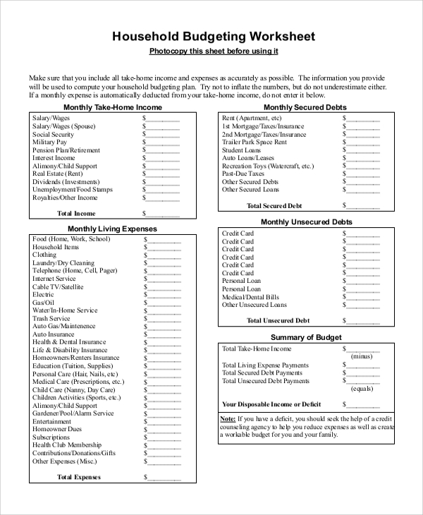 household budget worksheets printable