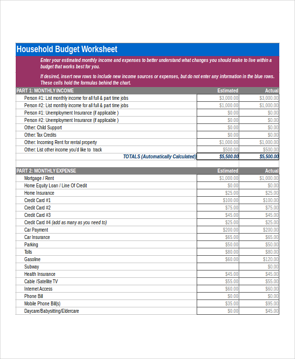 FREE 6+ Sample Home Budget Worksheet Templates in PDF | Excel | MS Word