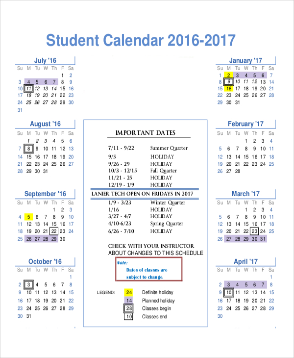 student fiscal calendar