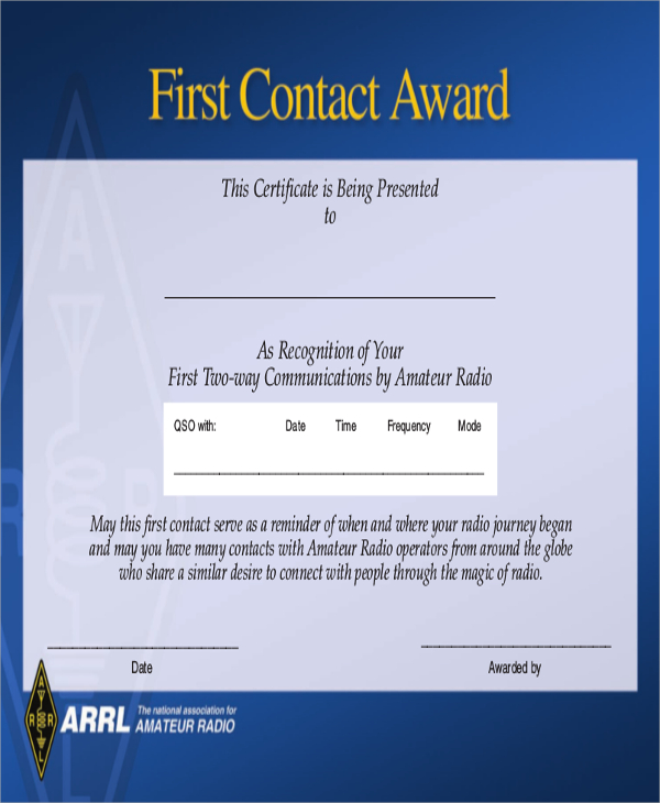 first contact award certificate