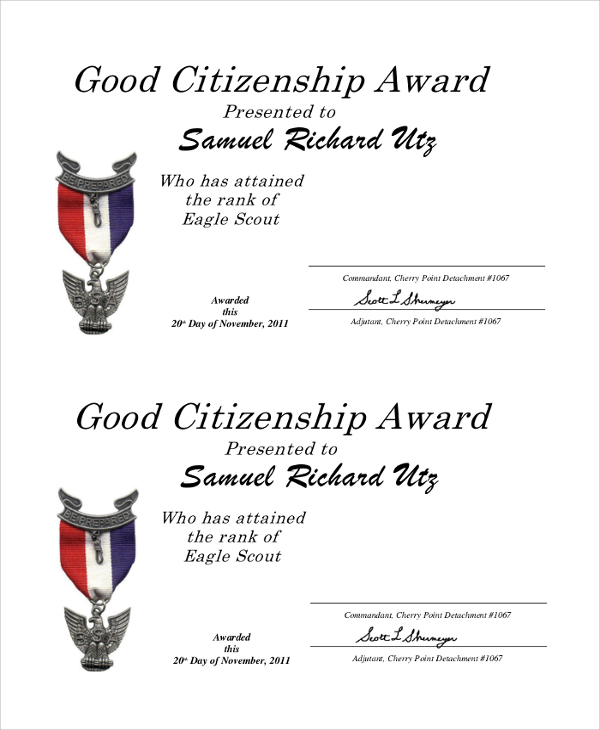 good citizenship award certificate