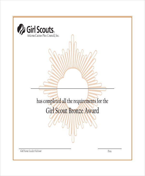 girl scout bronze award certificate
