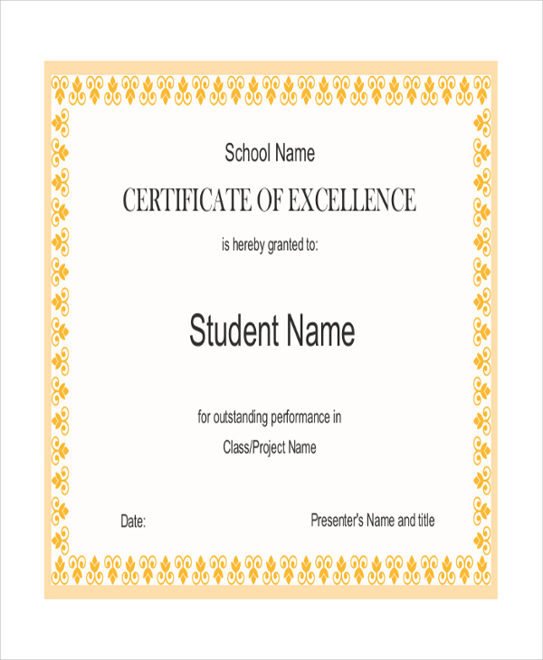 certification of excellence for student
