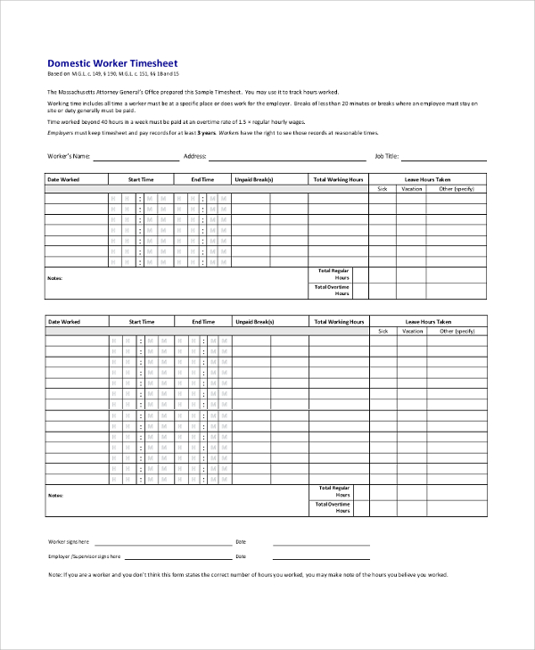 domestic worker timesheet printable