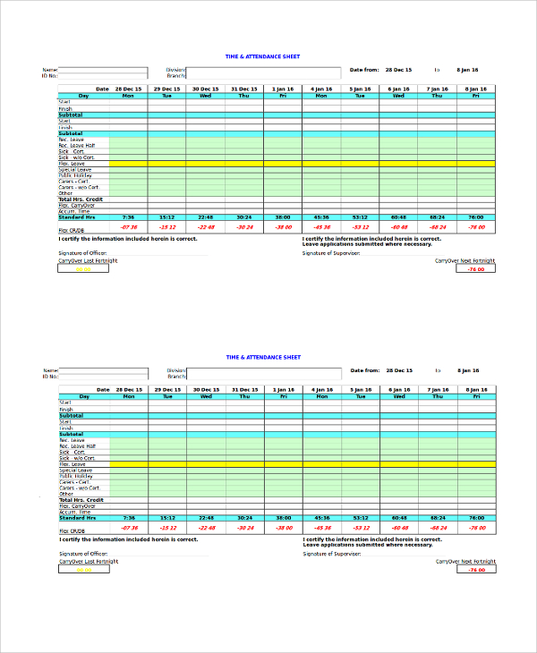 printable attendance time sheets excel
