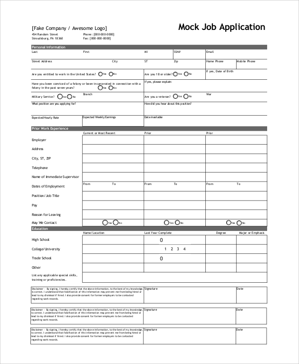 sample job free applications printable Printable Form  Application in Sample  Examples Job 10