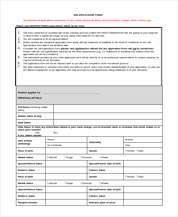 sample job application form printable