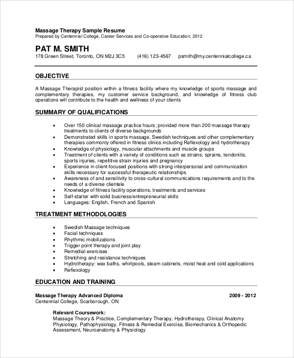 entry level massage therapist resume