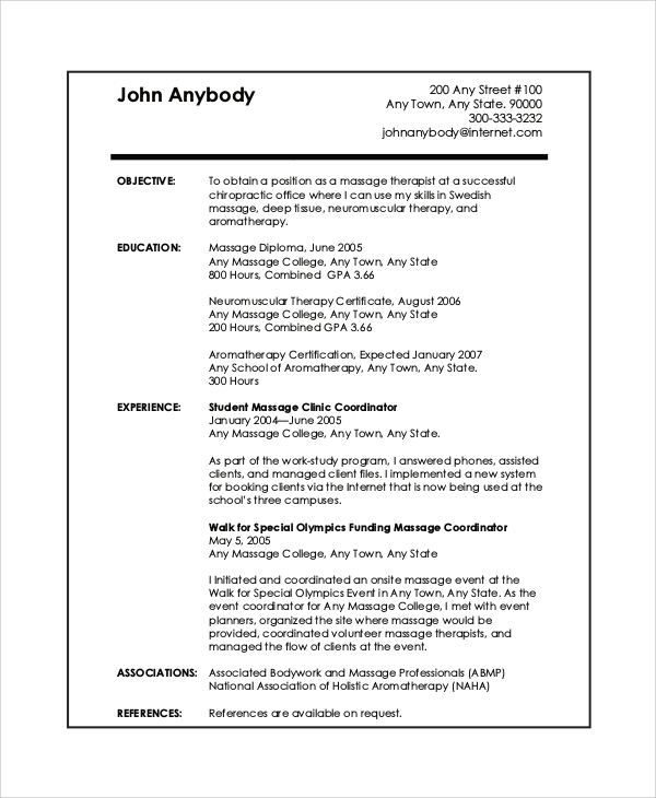 experienced massage therapist resume