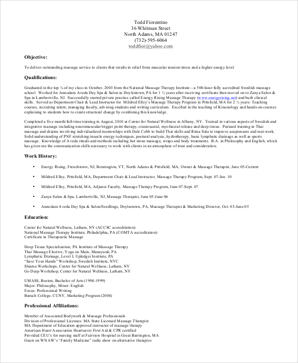 Free 7 Sample Massage Therapist Resume Templates In Pdf