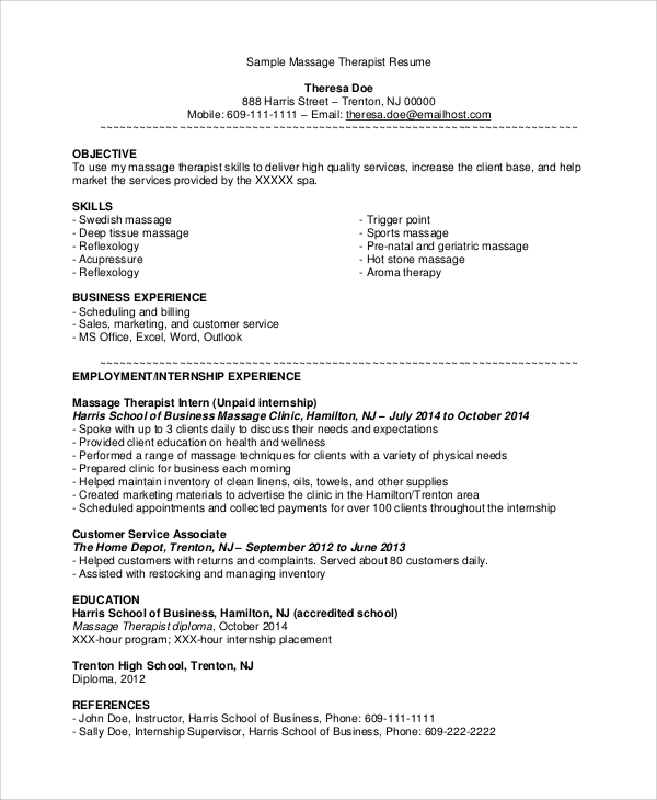 sample massage therapist resume