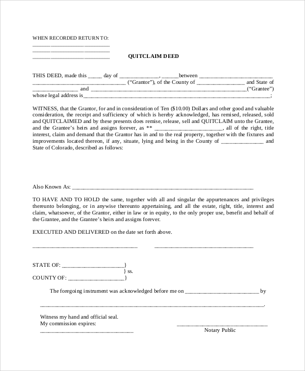 FREE 8  Sample Quit Claim Deed Forms in PDF MS Word