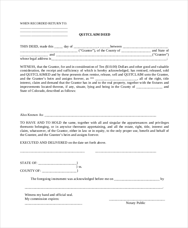 blank quit claim deed form