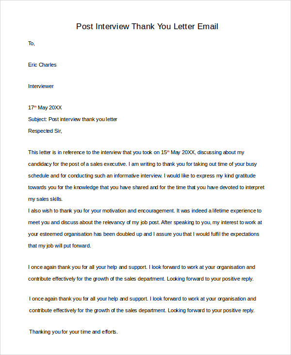 Free 7 Sample Post Interview Thank You Letter Templates In Pdf Ms Word 2296