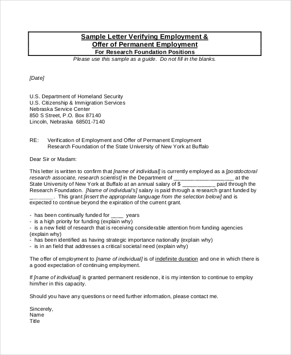 permanent employment verification letter