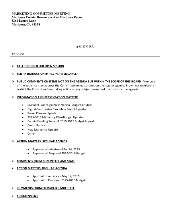 marketing committee meeting agenda sample