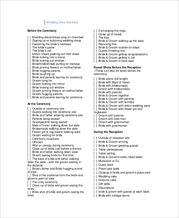 Printable Wedding Checklist Sample 10 Examples In Pdf Wedding Shot Checklist Printable