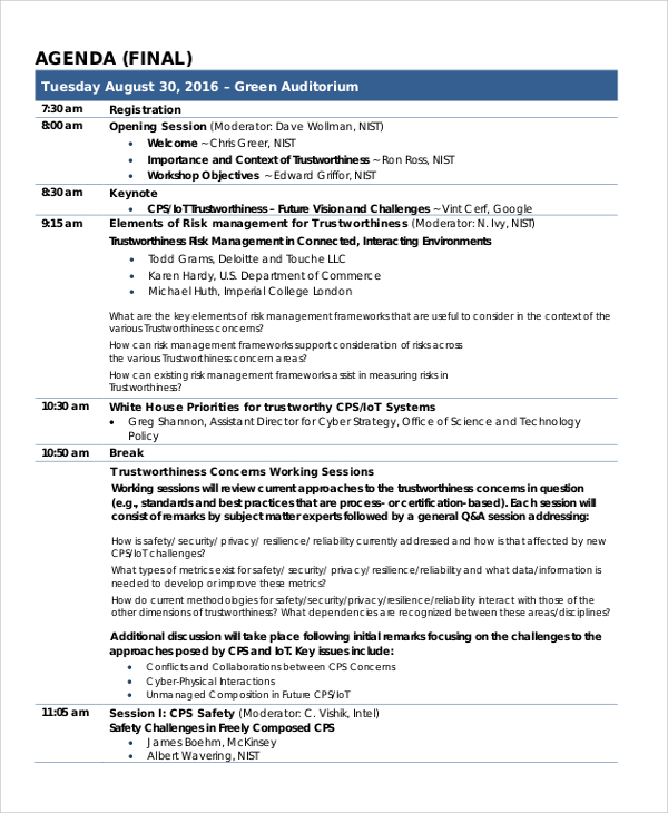 sample final agenda