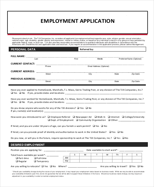 Free 8 Generic Employment Application Samples In Ms Word Pdf 3109