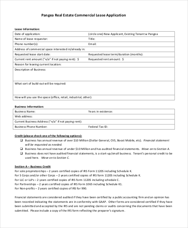 real estate commercial lease application