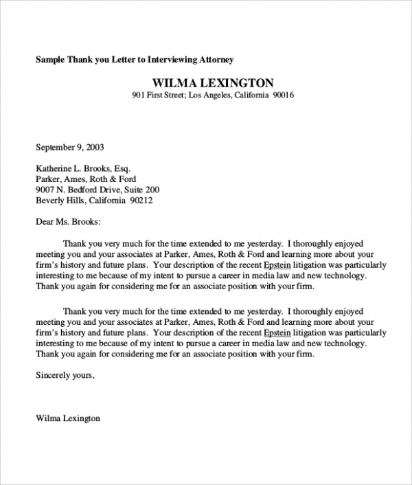 sample thank you letter to interviewing attorney
