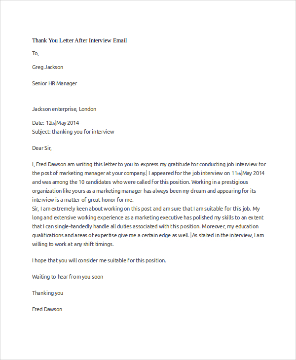 Free 9 Sample Interview Thank You Letter Templates In Ms Word Pdf