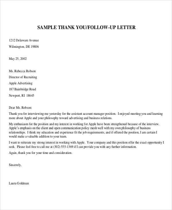 thank you letter after follow up interview